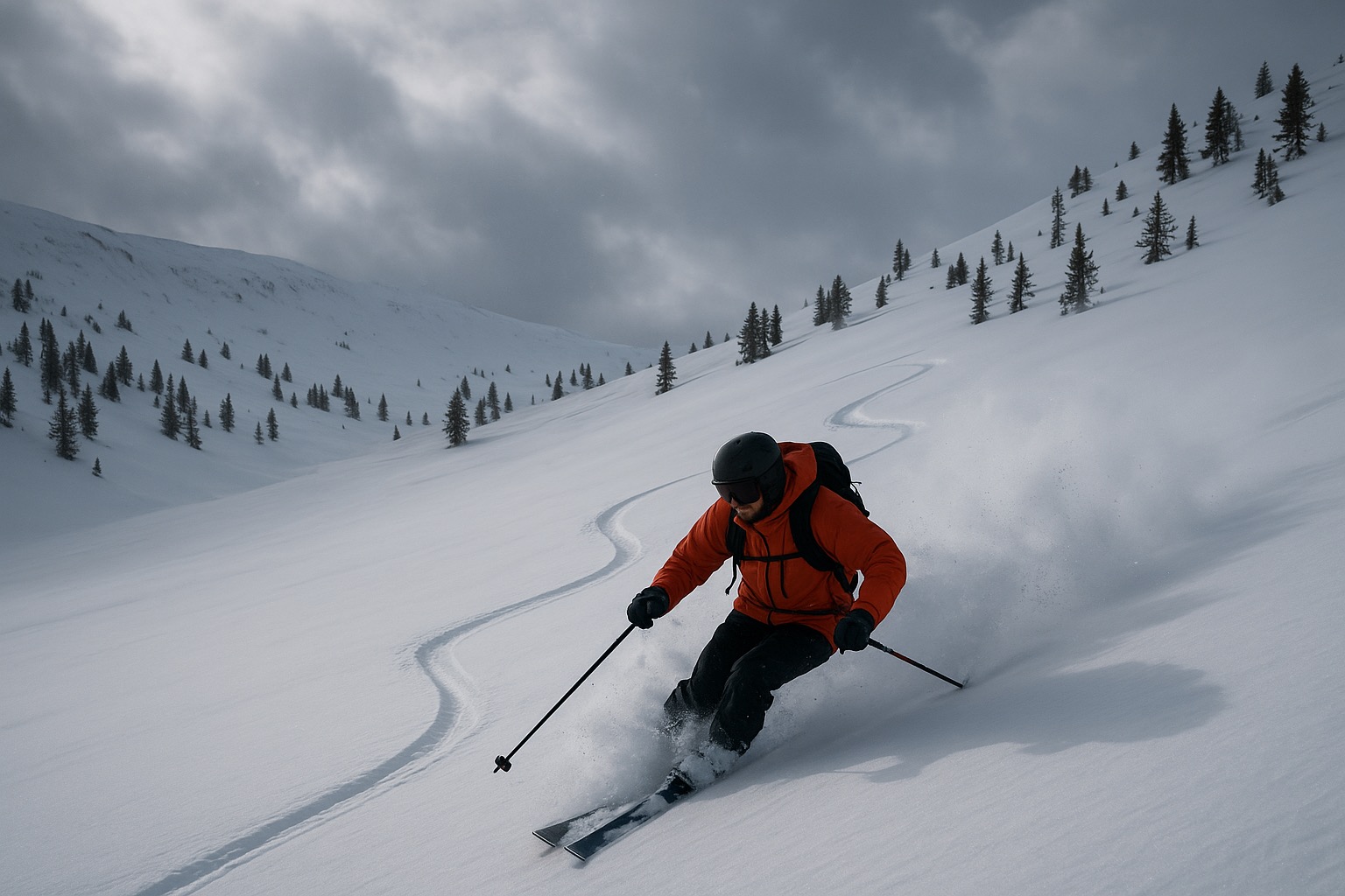 Freeride skier making fresh tracks in deep snow above the Arlberg tree line