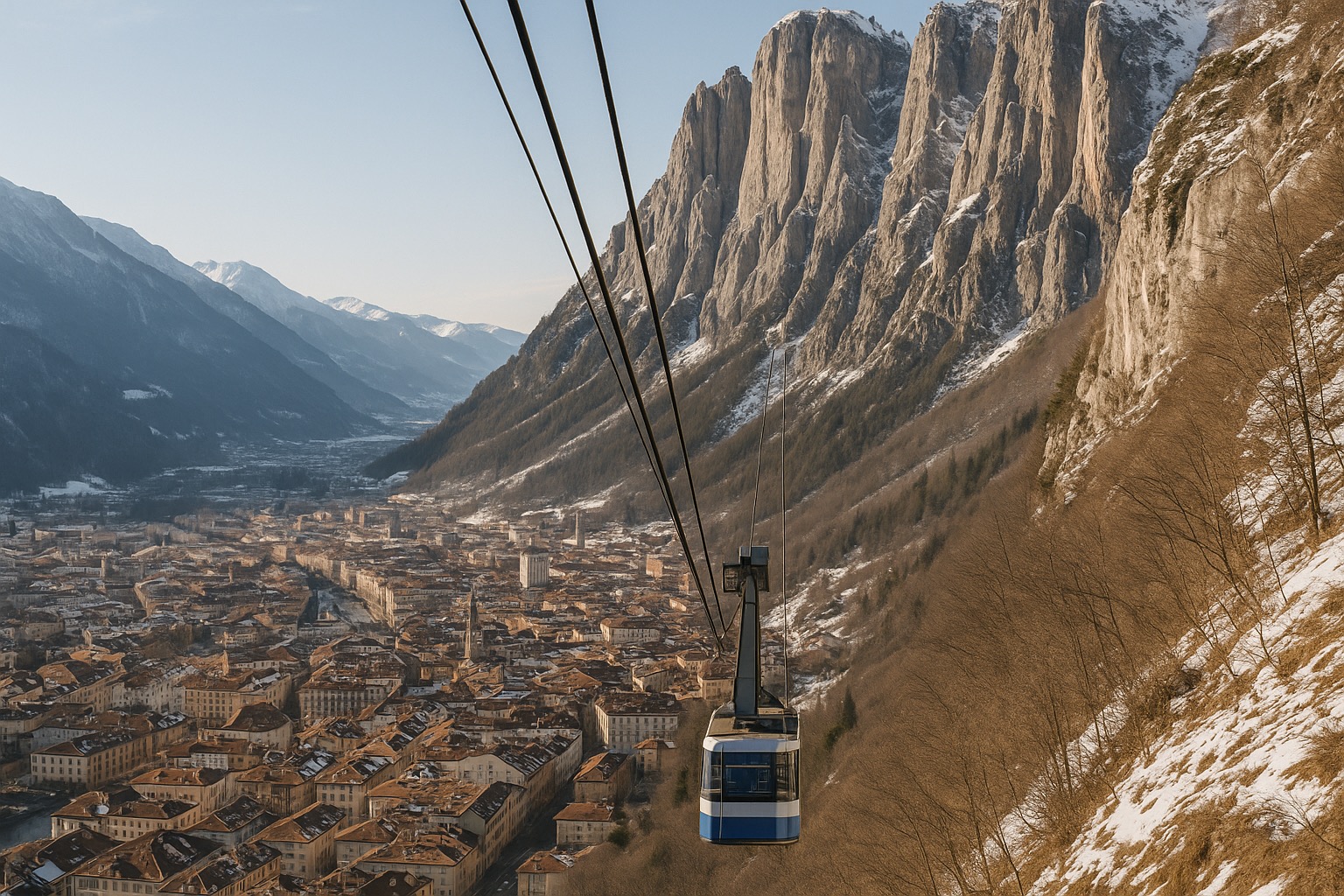 Nordkette cable car rising directly above Innsbruck's rooftops toward the mountains