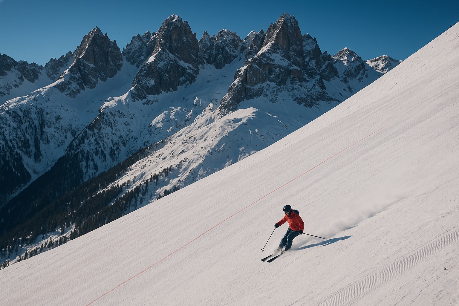 Skier on an open red run above St. Anton am Arlberg with jagged peaks behind