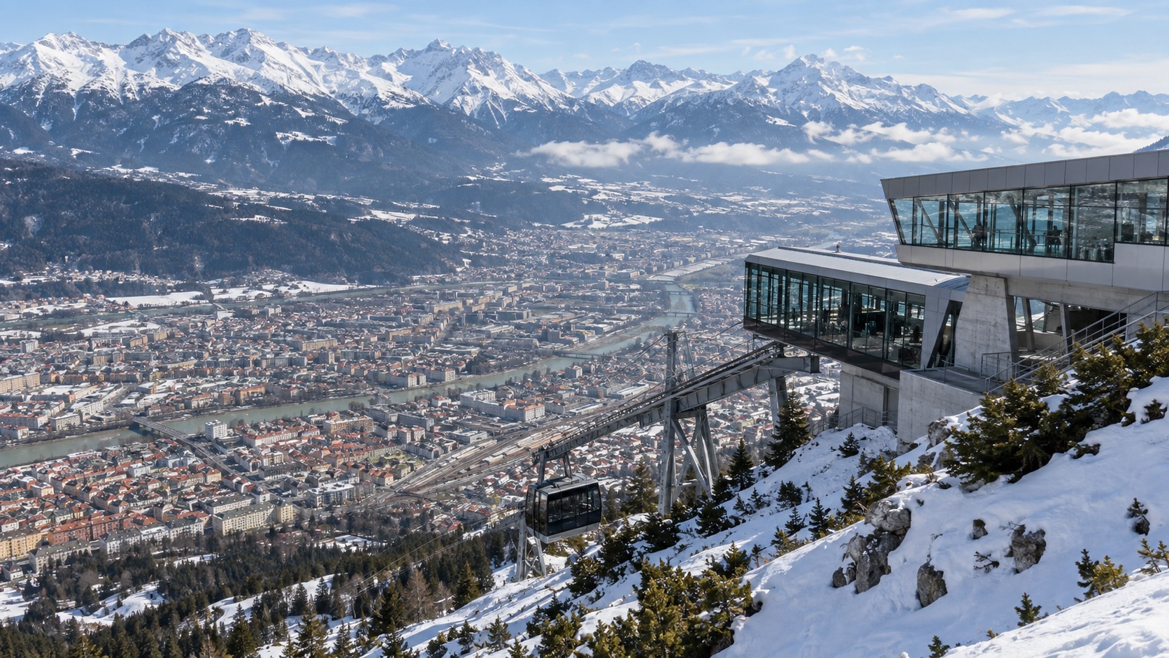 Nordkette funicular station with Innsbruck's old town rooftops visible below