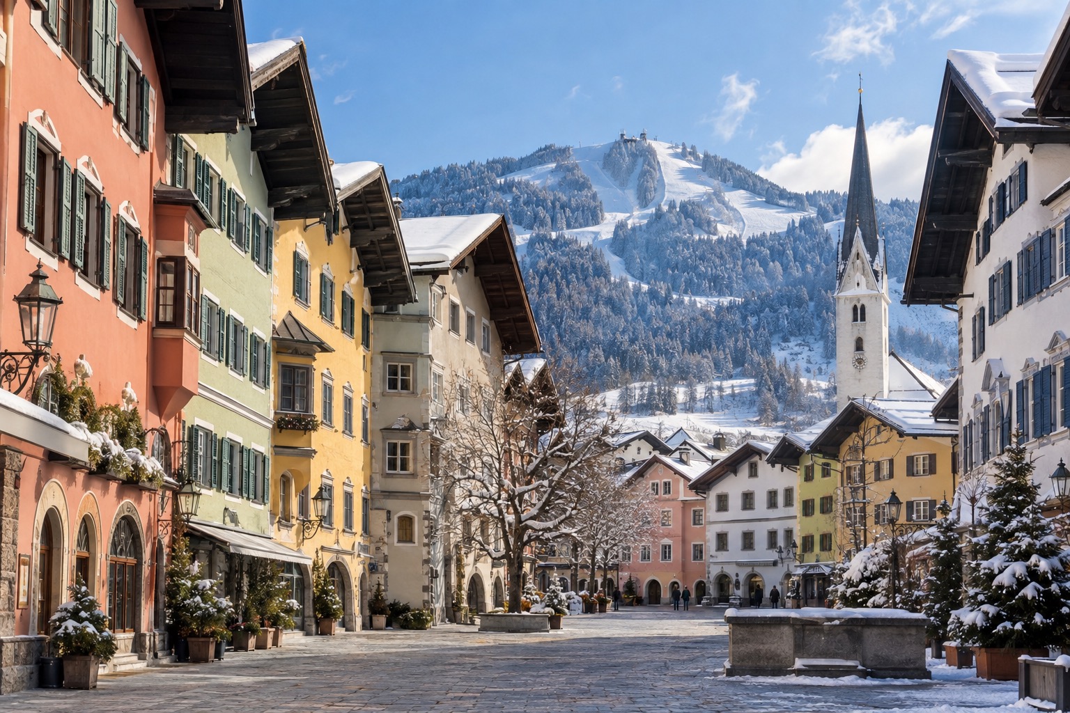 Kitzbühel's colourful old town square with the Hahnenkamm mountain visible in the background